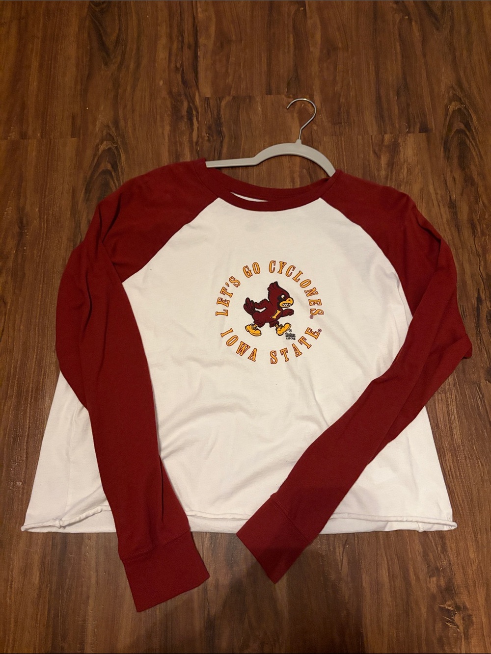 aerie White and Cardinal Iowa State Raglan Long Sleeve Tee